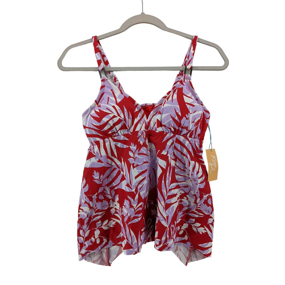 Kona Sol Tankini S Red Purple Palm Plant Tropical Swimsuit Top Deep VNeck Modest
